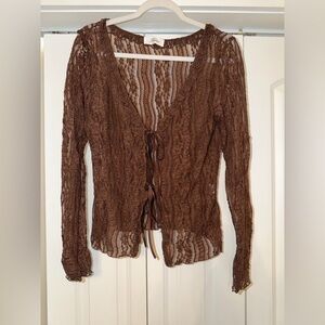 Elegant Brown Lace Tie-Front Blouse
